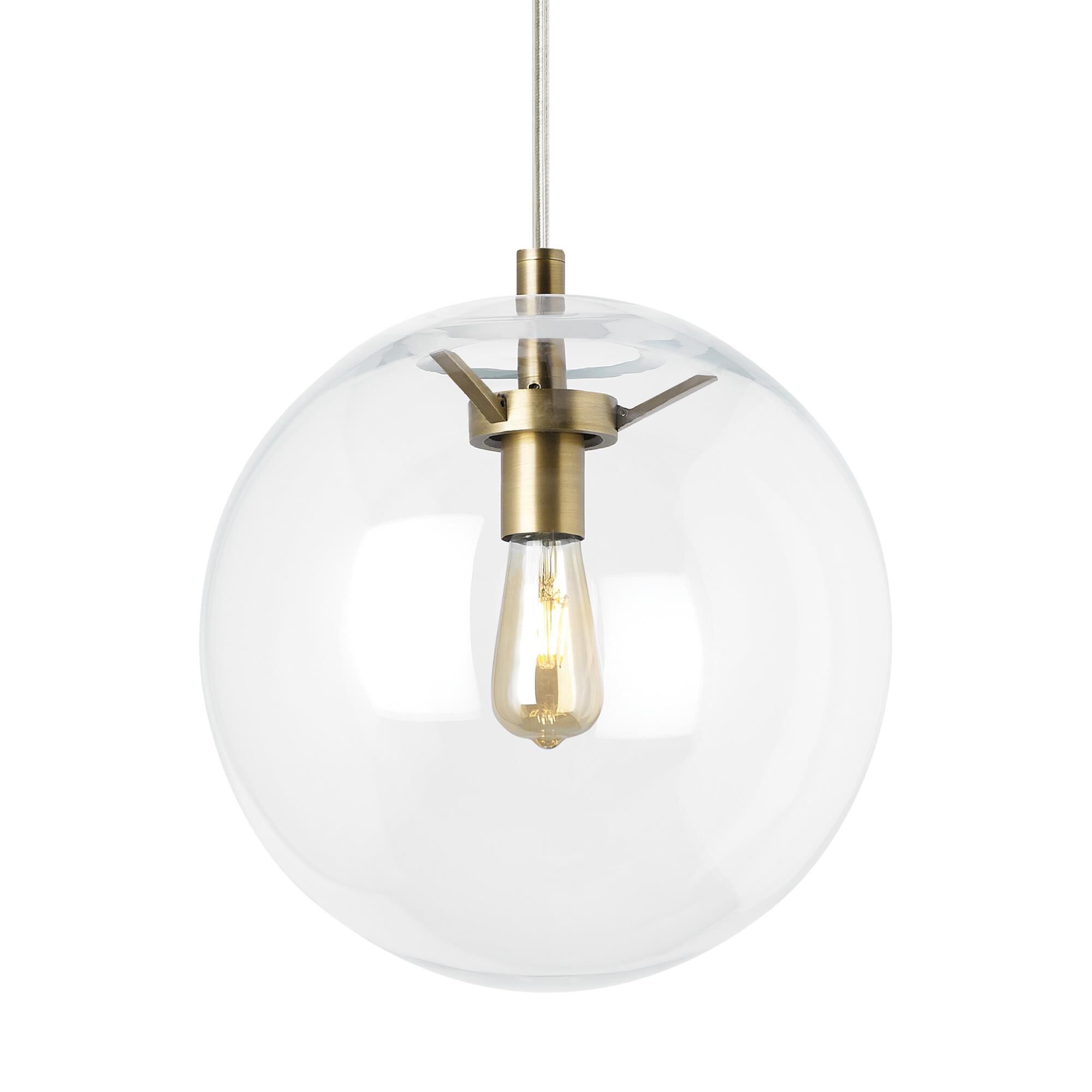 Shown in Aged Brass finish and Clear - Cone Shaped glass and Round Hand-Blown Glass Pendant shade and 120 Volt accent