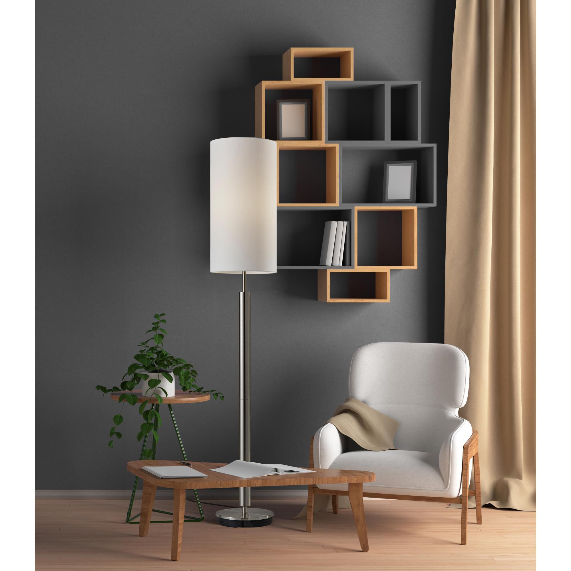 Shown in Brushed Steel finish and Ivory Silk shade