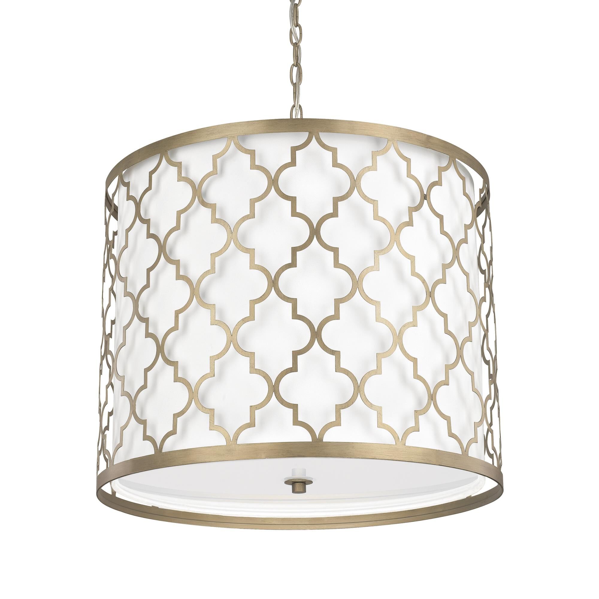 Shown in Brushed Gold finish and White Fabric shade 