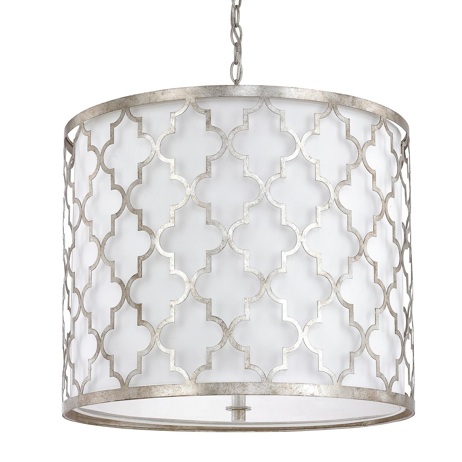 Shown in Antique Silver finish and White Fabric shade 