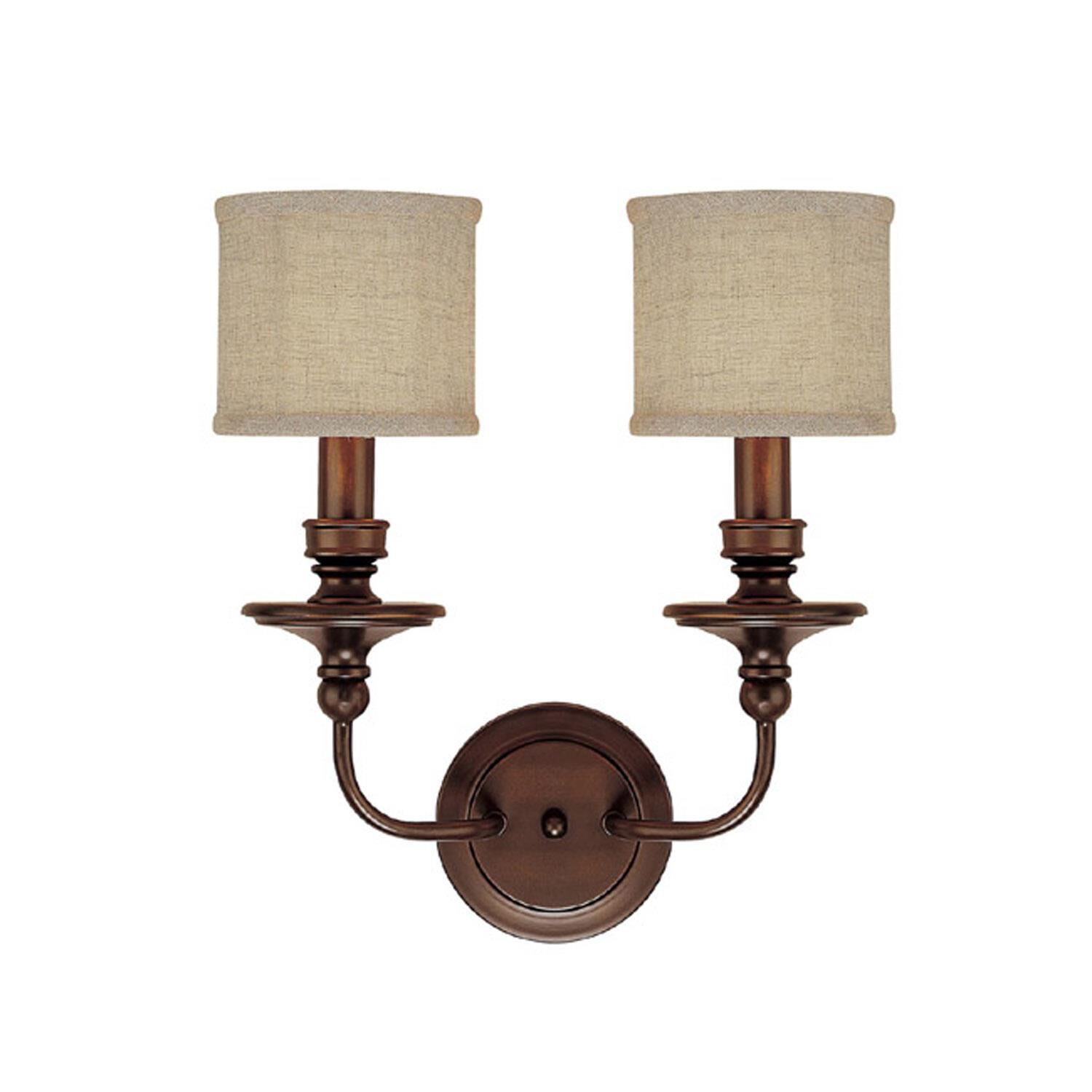 Shown in Burnished Bronze finish and Beige Fabric shade 