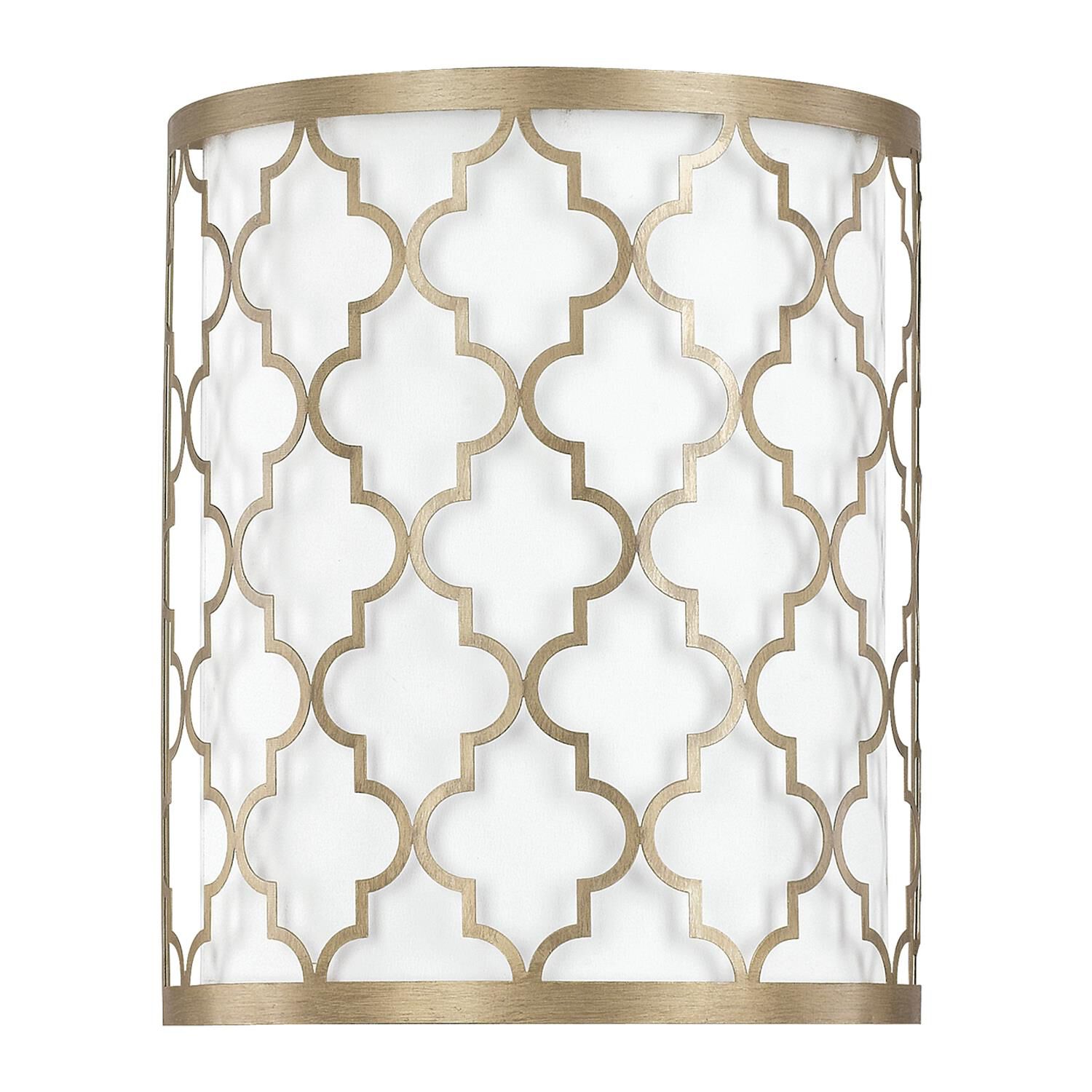 Shown in Brushed Gold finish and White Fabric shade 