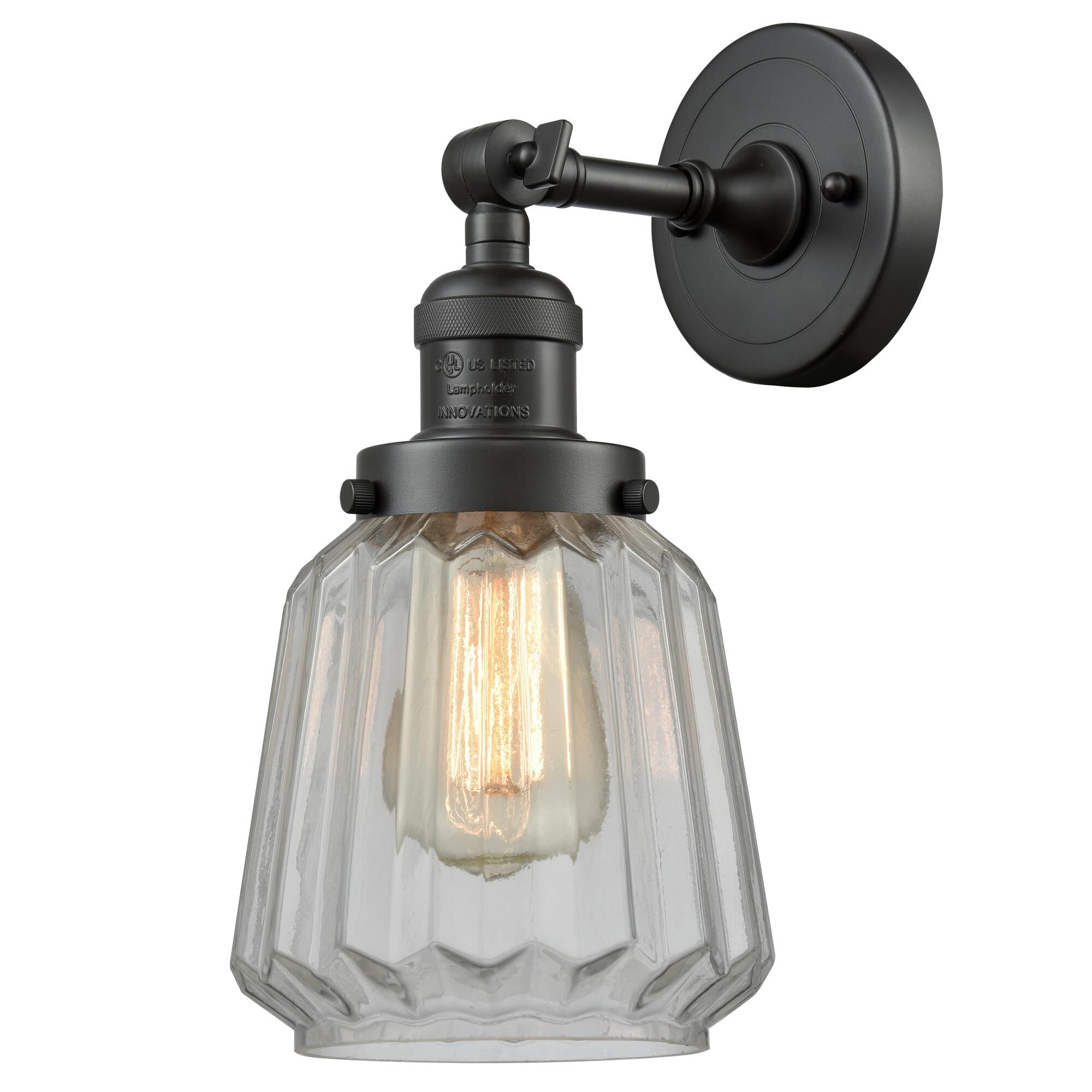 Shown in Oil Rubbed Bronze finish and Clear Fluted glass