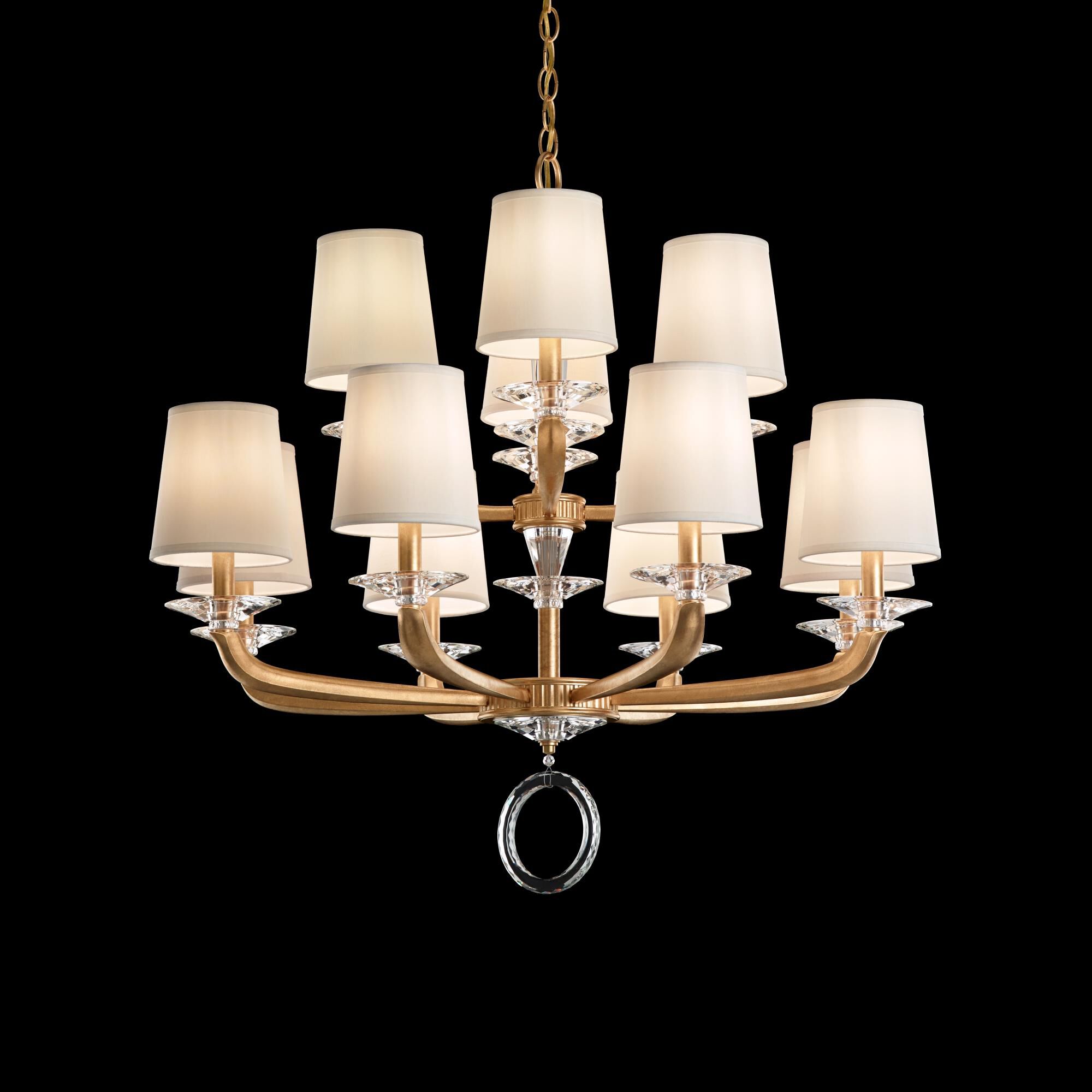 Shown in French Gold finish and Clear Optic crystal and French Gold glass and  Hardback Off White shade