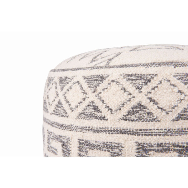 Cream, Grey, and Green Round Wool Blend Kilim Pouf, image 3