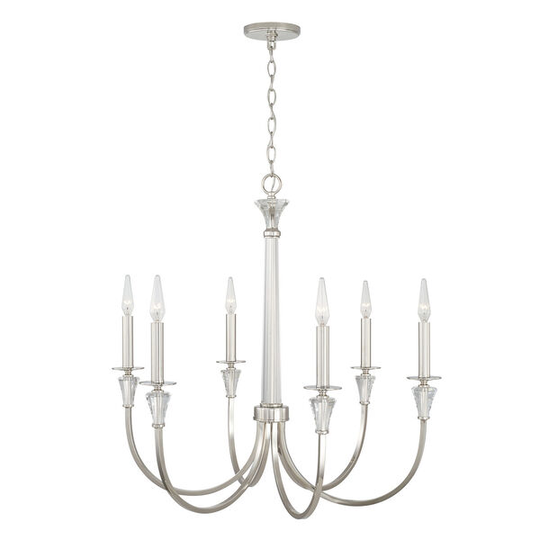 Laurent Polished Nickel Six-Light Chandelier with Crystal Column and Bobeches, image 3