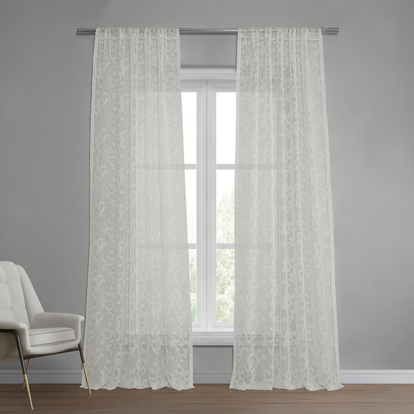 White Scroll Patterned Faux Linen Sheer Curtain Single Panel, image 1