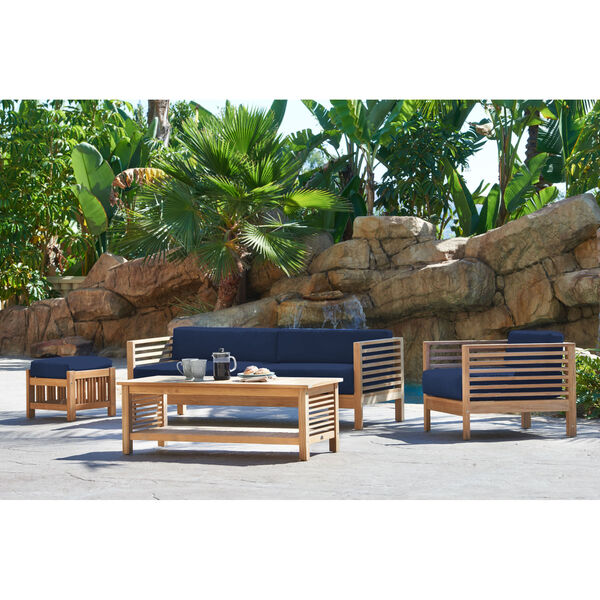 Summer Natural Teak Outdoor Lounge Chair and Ottoman with Sunbrella Navy Cushion, image 3
