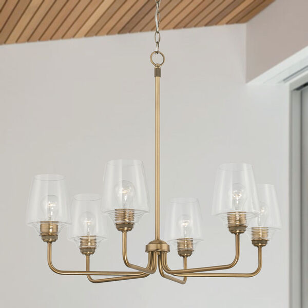 Miller Aged Brass Six-Light Chandelier with Clear Ribbed Glass, image 2