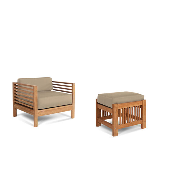 Summer Natural Teak Outdoor Lounge Chair and Ottoman with Sunbrella Fawn Cushion, image 1