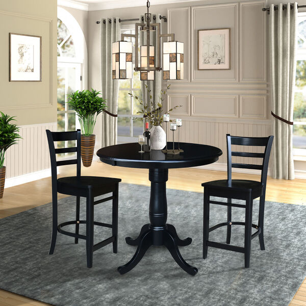 Black 36-Inch Round Counter Height Extension Dining Table with Two Counter Stool, Three-Piece, image 1