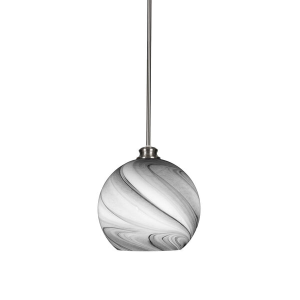 Kimbro Brushed Nickel 12-Inch One-Light Stem Hung Pendant with Onyx Swirl Glass Shade, image 1