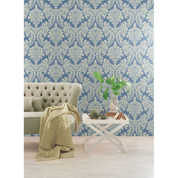 Grandmillennial Blue Tapestry Damask Pre Pasted Wallpaper, image 1