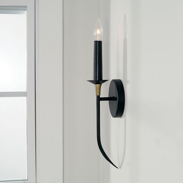 Amara Matte Black with Brass One-Light Sconce with and Brass Wrapped Detail, image 3