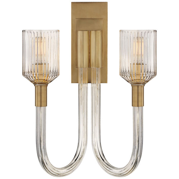 Reverie Double Sconce in Clear Ribbed Glass and Antique-Burnished Brass by Kelly Wearstler, image 1