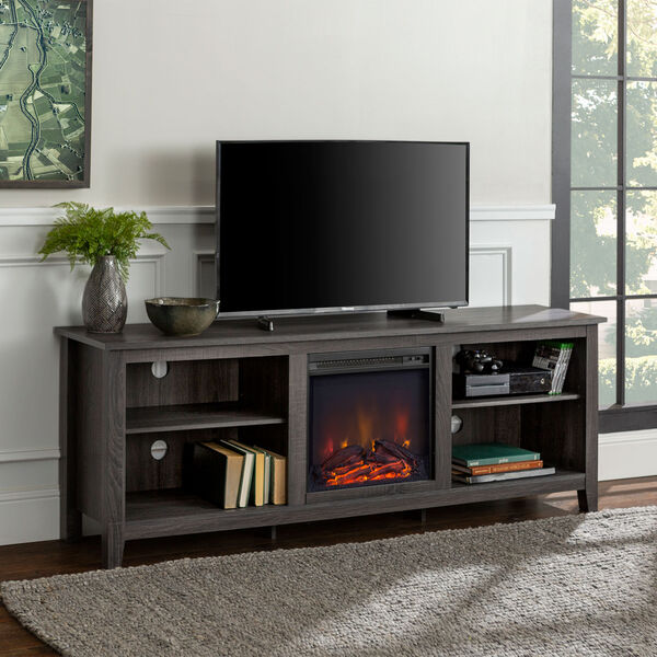 70-Inch Wood Media TV Stand Console with Fireplace - Charcoal, image 1
