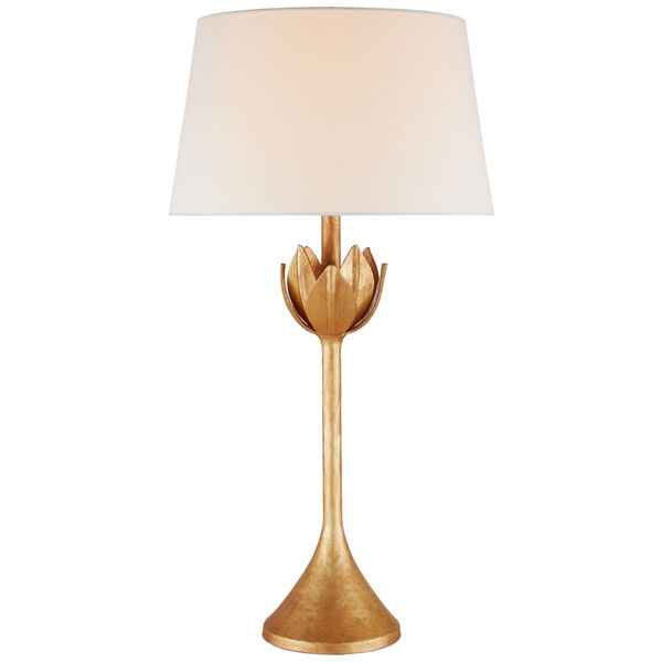 Alberto Large Table Lamp in Antique Gold Leaf with Linen Shade by Julie Neill, image 1