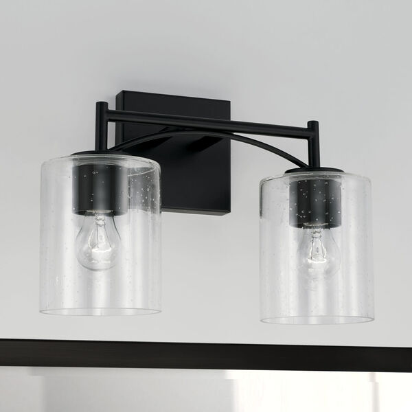 Peyton Matte Black Two-Light Bath Vanity with Clear Seeded Glass Shades, image 3