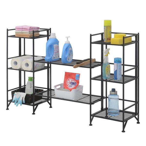Xtra Storage Black Three-Tier Folding Metal Shelves with Set of Two Extension Shelves, image 3