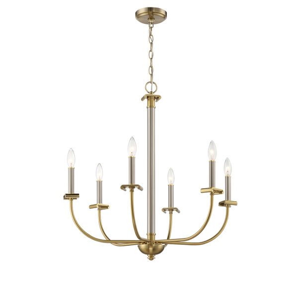Stanza Brushed Polished Nickel and Satin Brass Six-Light Chandelier, image 2