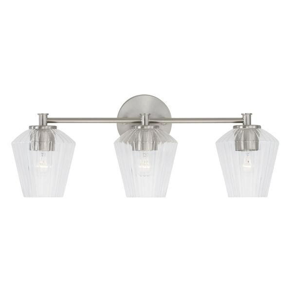 Beau Brushed Nickel Three-Light Bath Vanity with Clear Fluted Glass Shades, image 2