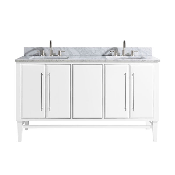 White 61-Inch Bath vanity Set with Silver Trim and Carrara White Marble Top, image 1