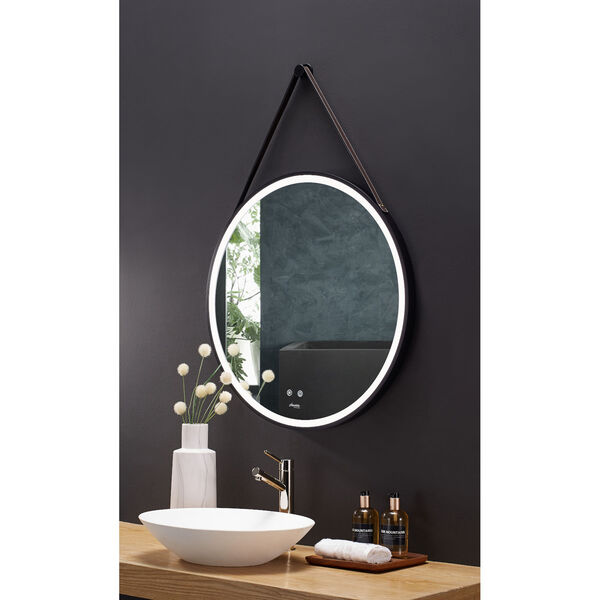 Sangle Black 24-Inch Round LED Framed Mirror with Defogger and Vegan Leather Strap, image 3