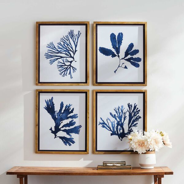 Blue White Indigo Seaweed Prints Wall Art, Set of Four, image 1