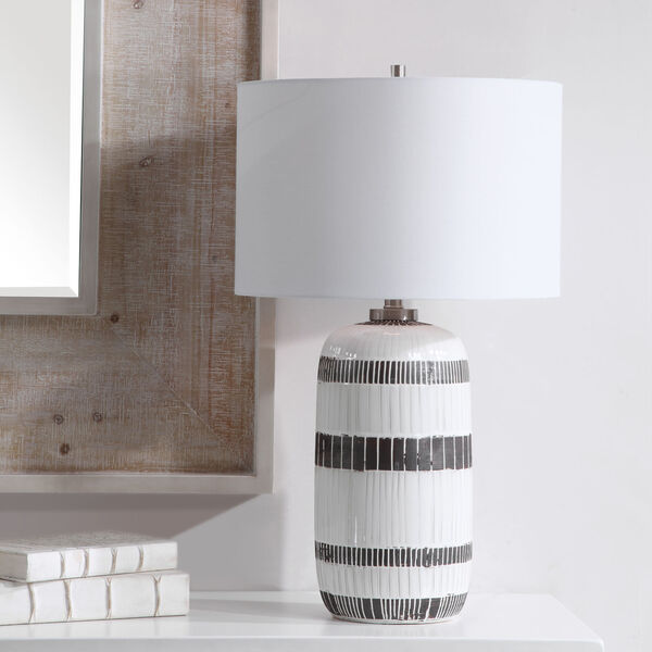 Granger Aged White Glaze One-Light Striped Table Lamp with Round Drum Hardback Shade, image 3
