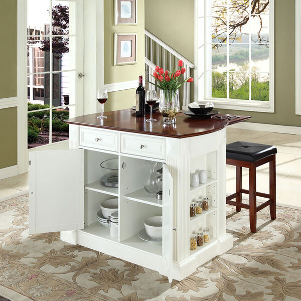 Drop Leaf Breakfast Bar Top Kitchen Island in White Finish with 24-Inch Cherry Upholstered Square Seat Stools, image 4