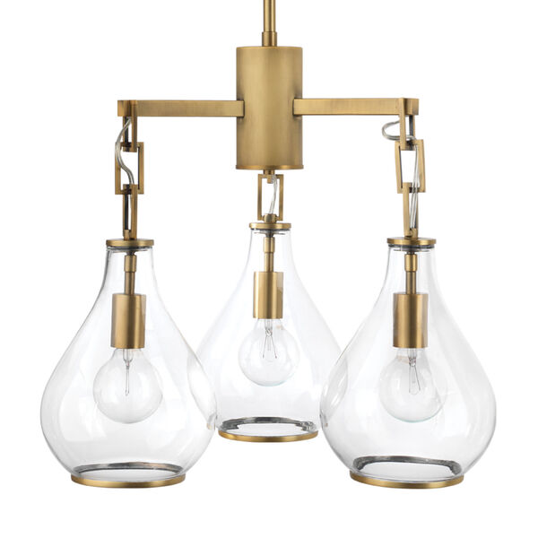 Tear Clear Glass and Soft Antique Brass Three-Light Chandelier, image 1