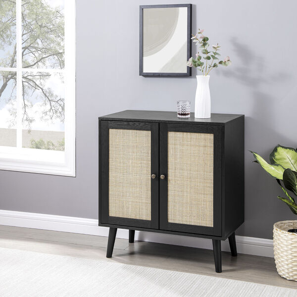 Black Solid Wood and Rattan Accent Cabinet with Two Doors, image 2