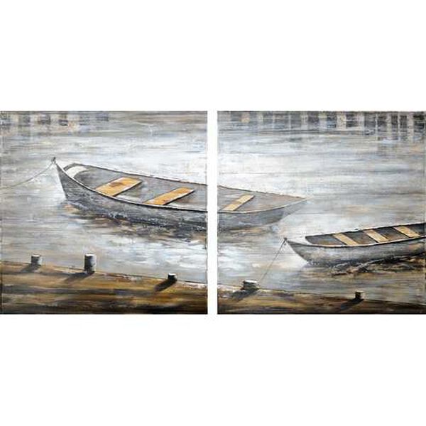 Creekside Diptych Boats 40 In. x 40 In. Original Hand Painted Oil Painting, Set of 2, image 2