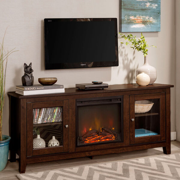 58-Inch Wood Media TV Stand Console with Fireplace - Traditional Brown, image 1