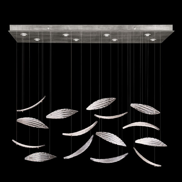 Elevate Silver Eight-Light Rectangular LED Pendant with 15 Handblown White Glass Plumes, image 1