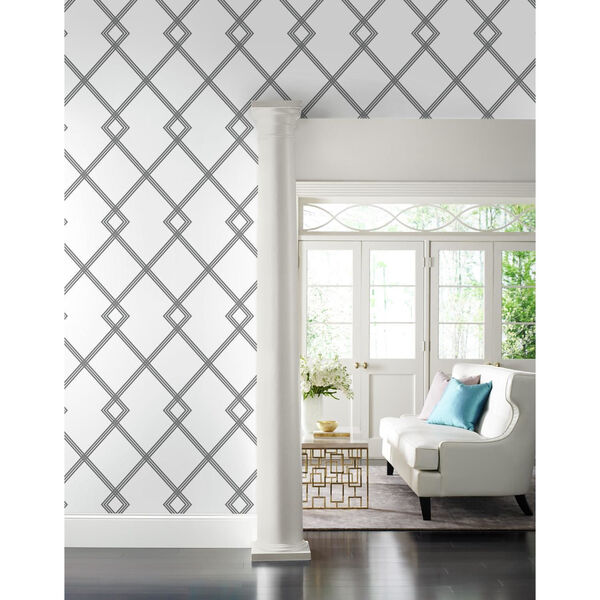 Conservatory White and Black Ribbon Stripe Trellis Wallpaper, image 2