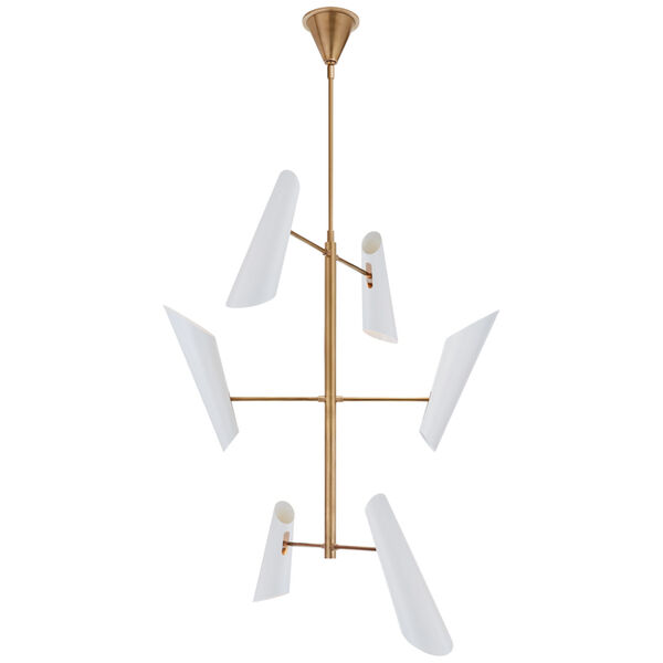 Franca Tall Pivoting Chandelier in Hand-Rubbed Antique Brass with White Shades by AERIN, image 1