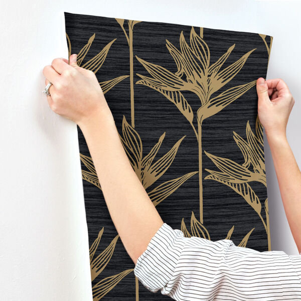 Tropics Black Gold Bird of Paradise Pre Pasted Wallpaper - SAMPLE SWATCH ONLY, image 3
