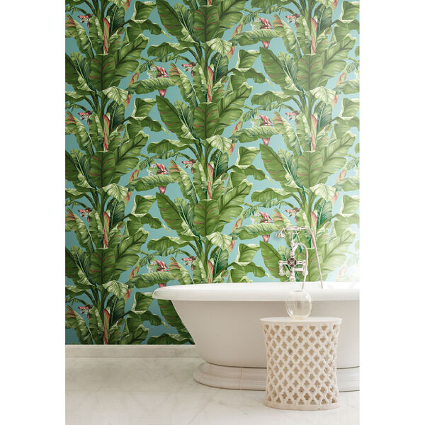 Ashford House Tropics Aqua and Green Banana Leaf Wallpaper, image 4