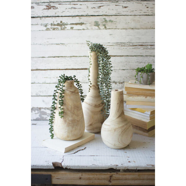 Beige Hand Carved Tall Wooden Vase, Set of Three, image 1
