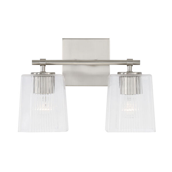 Lexi Brushed Nickel Two-Light Bath Vanity with Clear Fluted Square Glass Shades, image 2