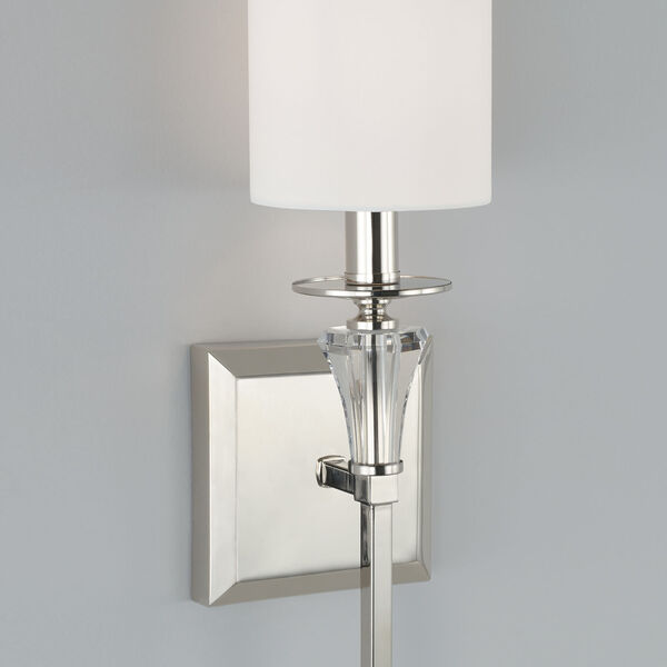 Laurent Polished Nickel and White One-Light Wall Sconce with White Fabric Stay Straight Shade and Crystal Bobeche, image 4
