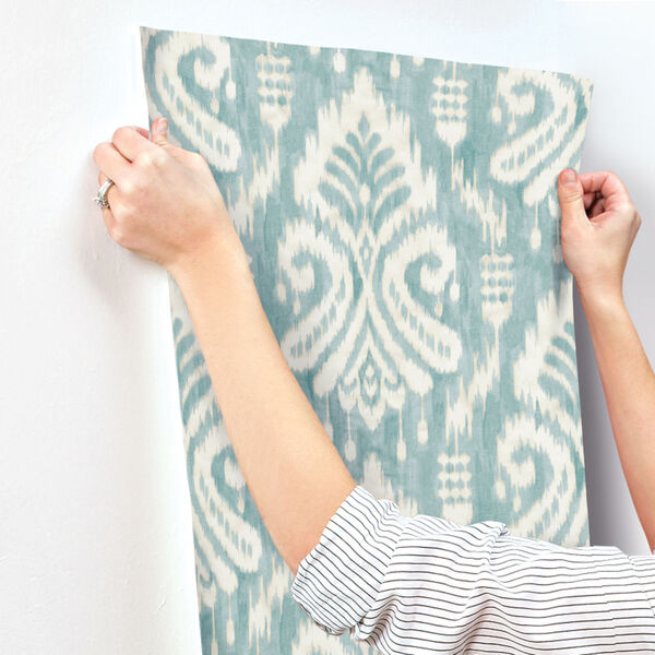 Tropics Aqua Hawthorne Ikat Pre Pasted Wallpaper - SAMPLE SWATCH ONLY, image 4