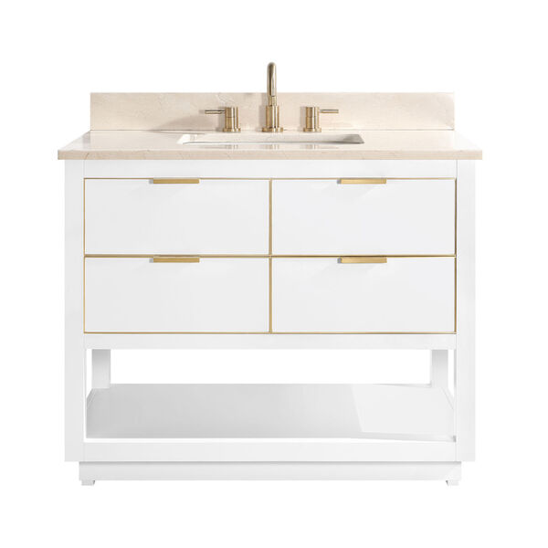 White 43-Inch Bath vanity with Gold Trim and Crema Marfil Marble Top, image 1