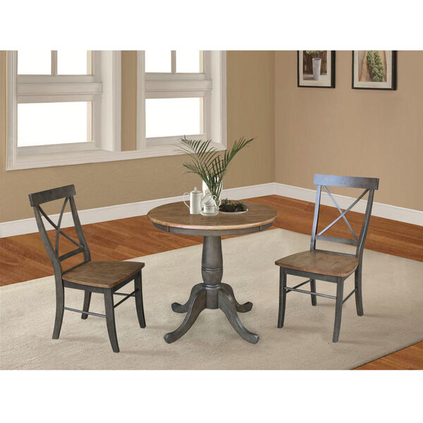 Hickory and Washed Coal 30-Inch Round Top Pedestal Table With Two X-Back Chairs, Three-Piece, image 2