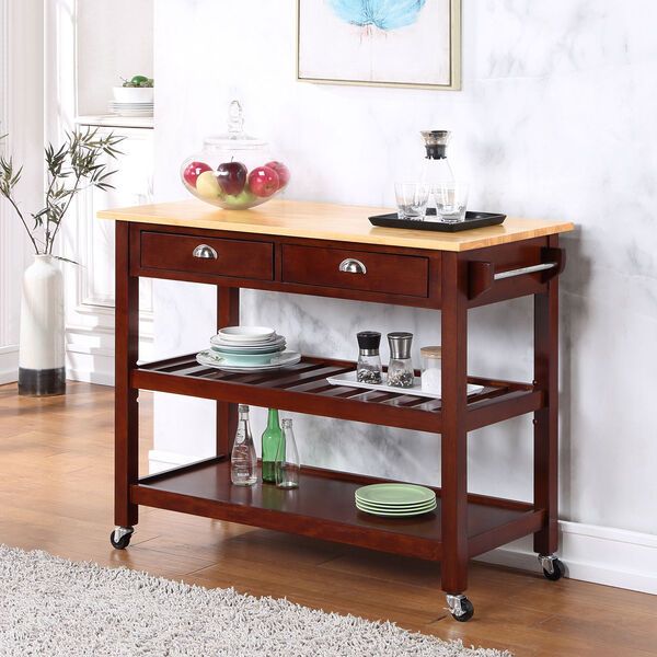 American Heritage Butcher Block Mahogany Three-Tier Butcher Block Kitchen Cart with Drawers, image 2