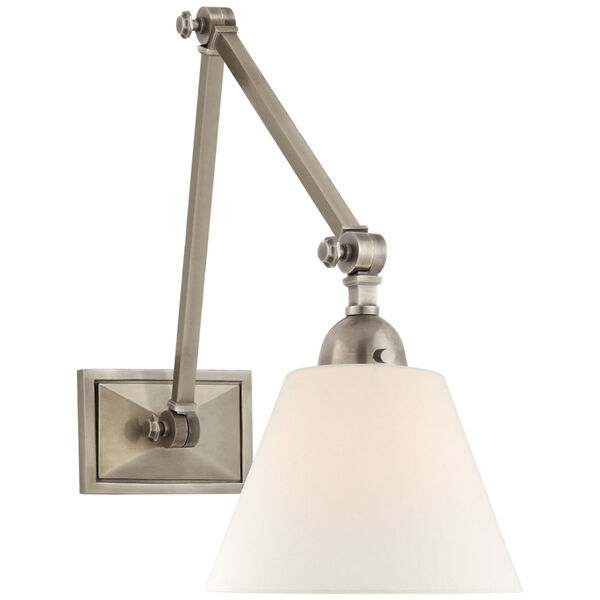 Jane Double Library Wall Light in Antique Nickel with Linen Shade by Alexa Hampton, image 1