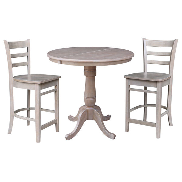Washed Gray Taupe 36-Inch Round Extension Dining Table with Two Counter Stool, Three Piece, image 2