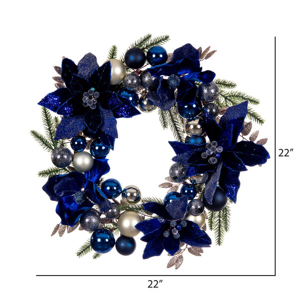 Midnight Blue 22-Inch Artificial Magnolia and Poinsettia Leaf Wreath, image 4