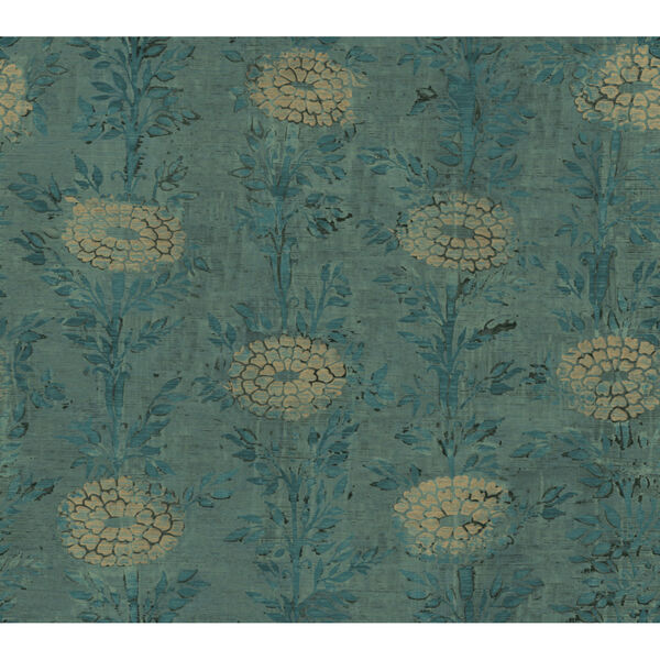 Ronald Redding Tea Garden Teal and Gold French Marigold Wallpaper, image 2